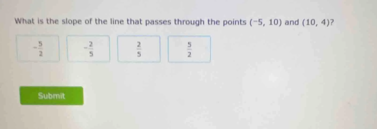 what is the slope of the line that passes through the points (-5, 10) a…