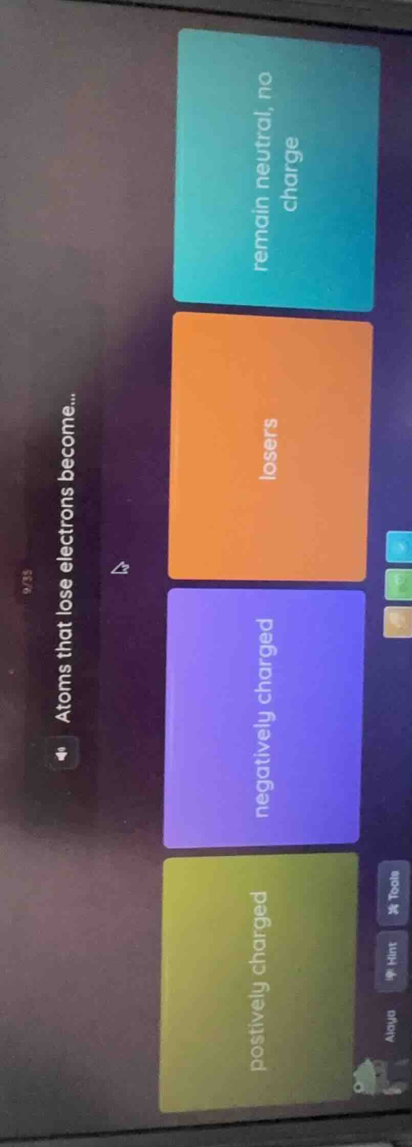 9/35 atoms that lose electrons become... remain neutral, no charge lose…