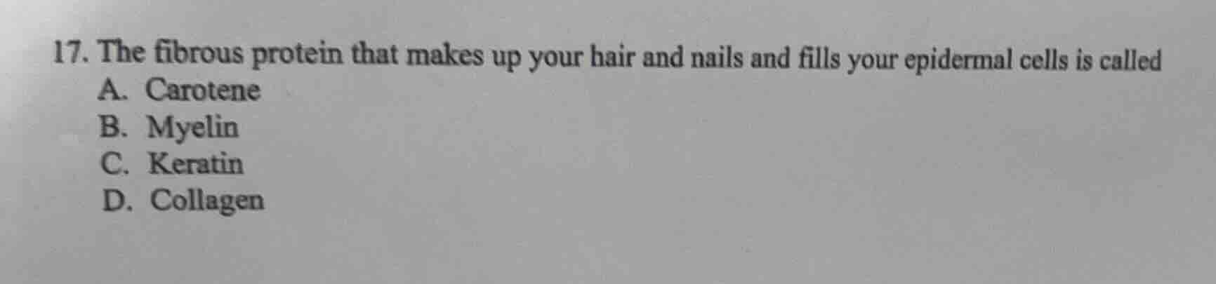 17. the fibrous protein that makes up your hair and nails and fills you…