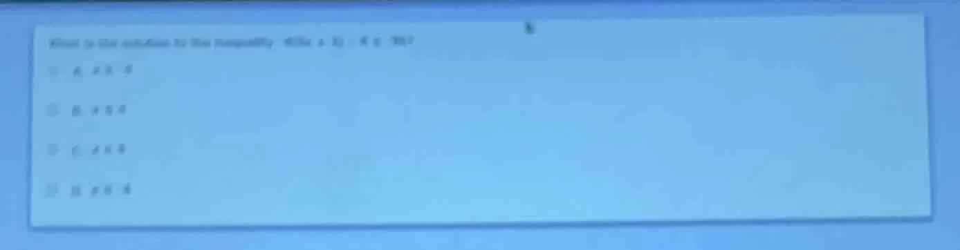 what is the solution to the inequality ( 4(3x + 1) - 8 geq 10 )? a. ( x…