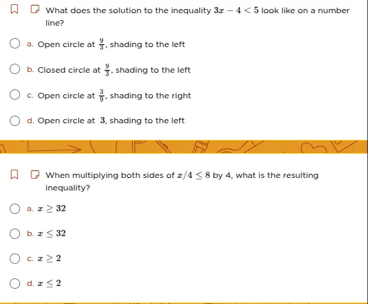 what does the solution to the inequality $3x - 4 < 5$ look like on a nu…