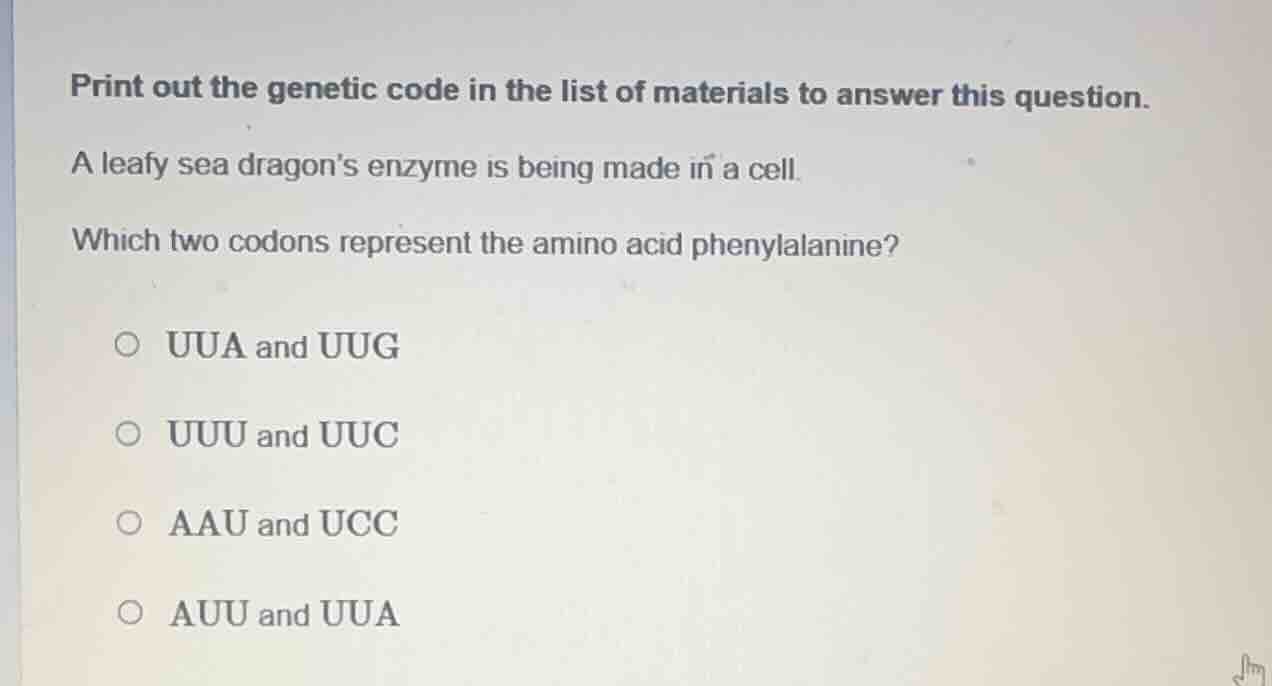 print out the genetic code in the list of materials to answer this ques…