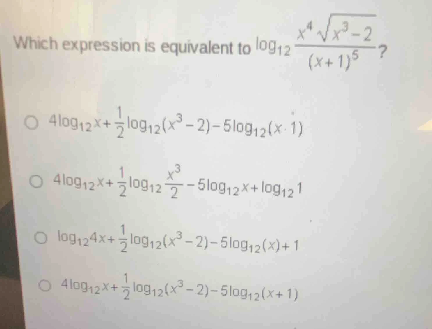 which expression is equivalent to \\(\\log_{12} \\frac{x^4 \\sqrt{x^3 -…
