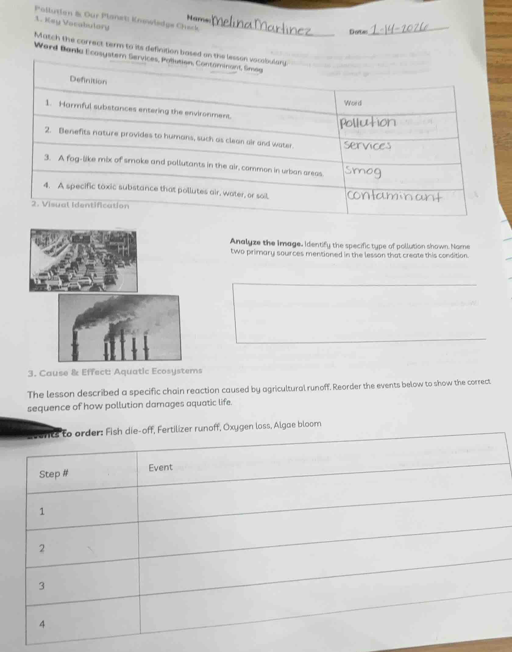 pollution & our planet knowledge check name: melina martinez date: 1-14…