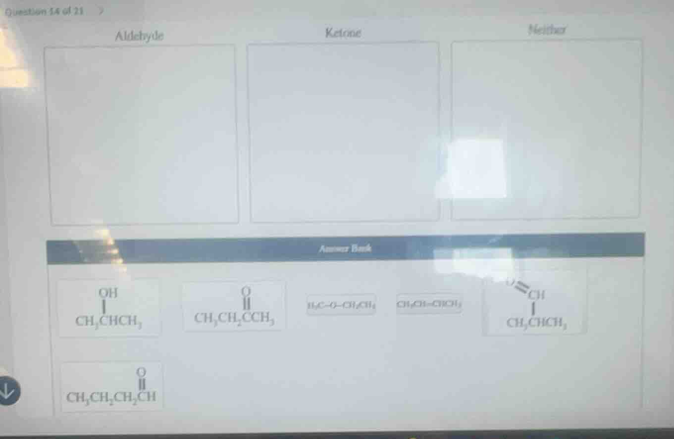 question 14 of 21 aldehvde ketone neither answer bank oh | ch₃chch₃ o |…