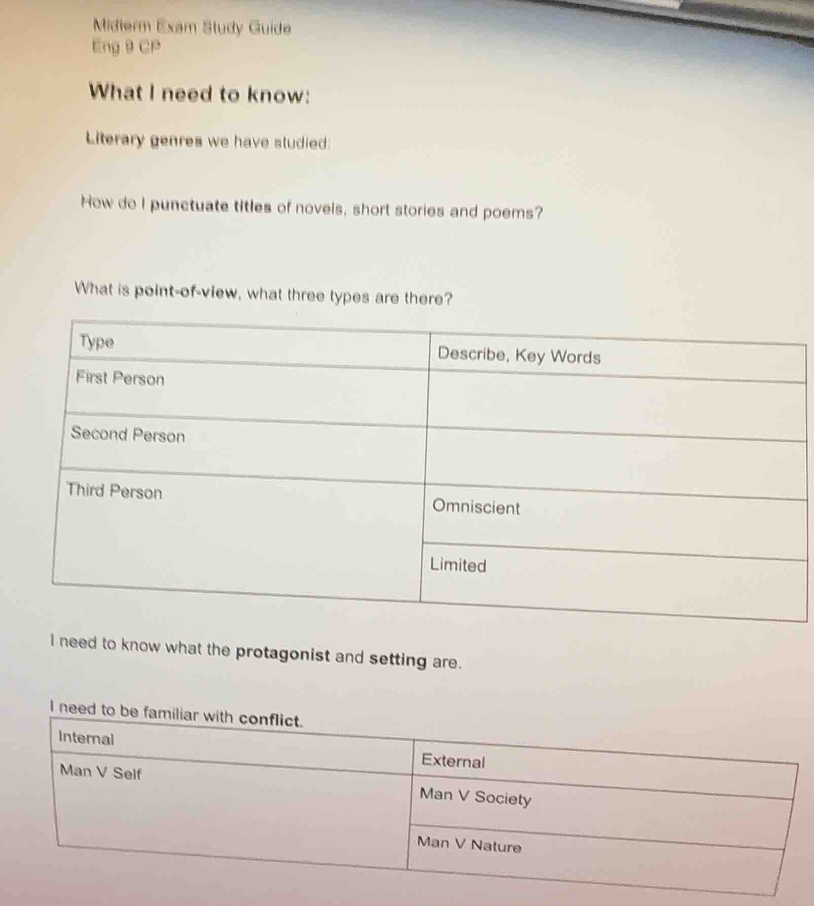 midterm exam study guide eng 9 cp what i need to know: literary genres …