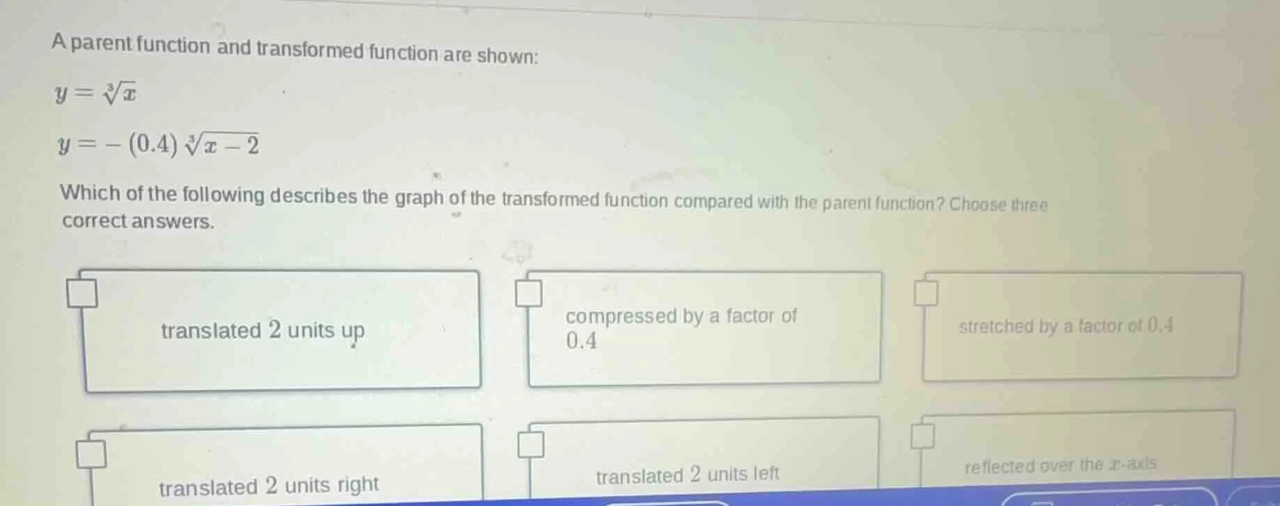 a parent function and transformed function are shown: $y = \\sqrt3{x}$ …