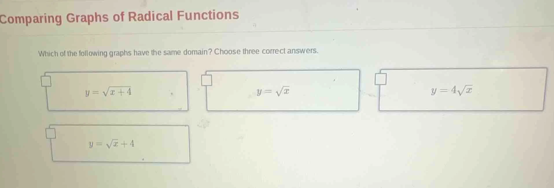 comparing graphs of radical functions which of the following graphs hav…