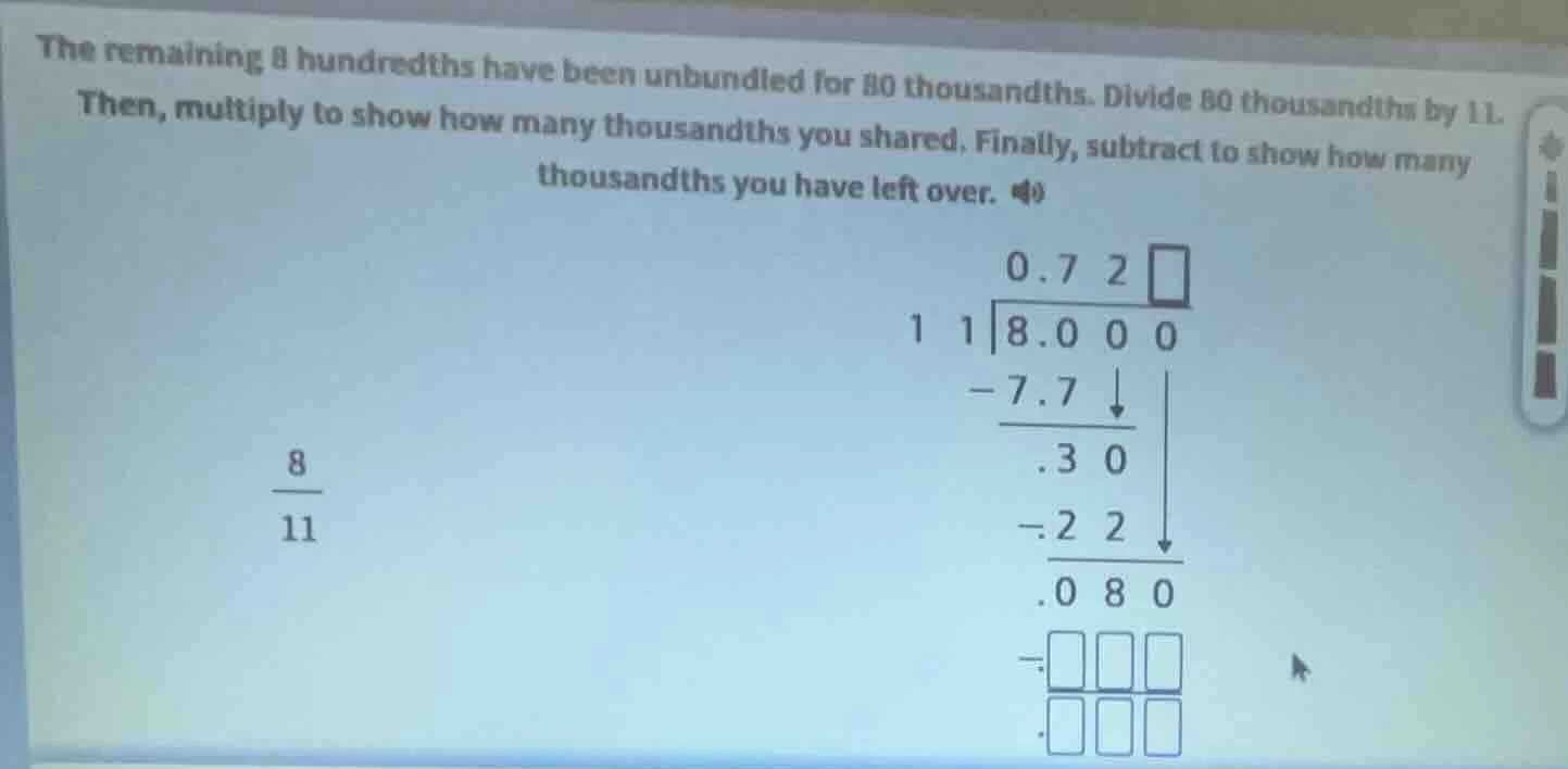 the remaining 8 hundredths have been unbundled for 80 thousandths. divi…