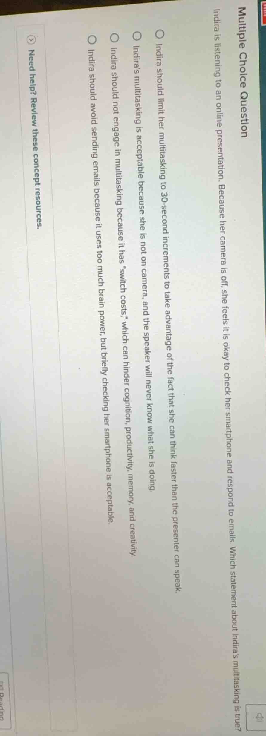 multiple choice question indira is listening to an online presentation.…