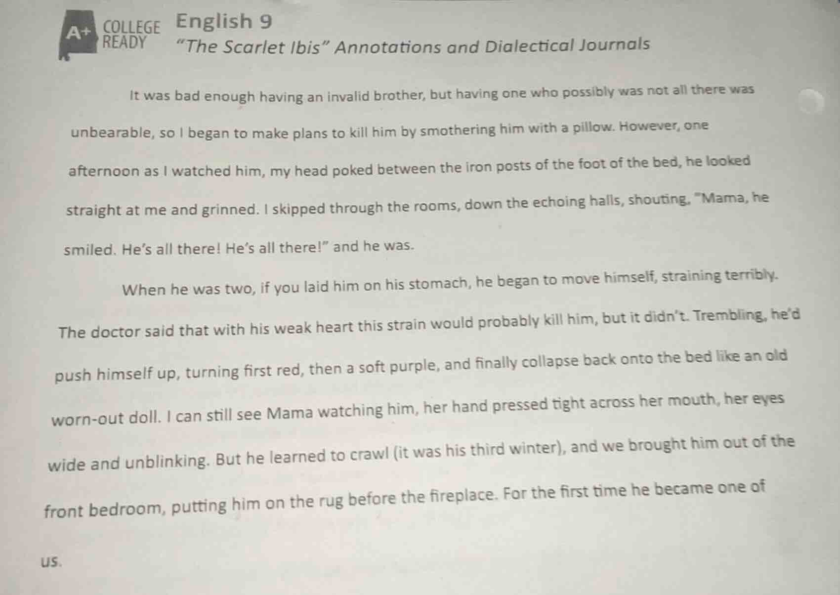 college ready english 9 \the scarlet ibis\ annotations and dialectical …