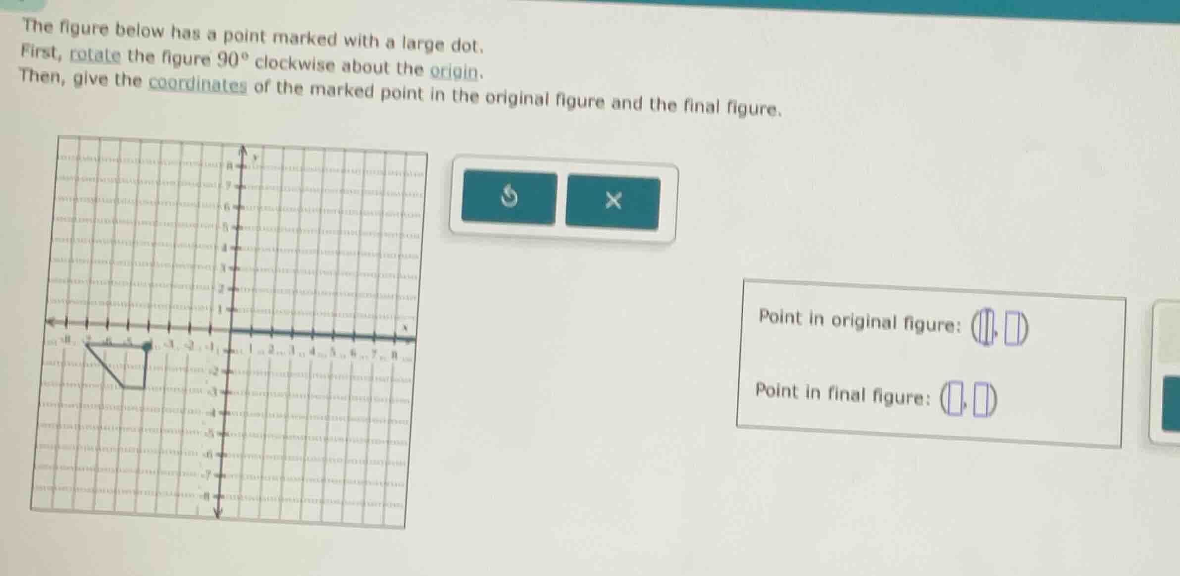 the figure below has a point marked with a large dot. first, rotate the…