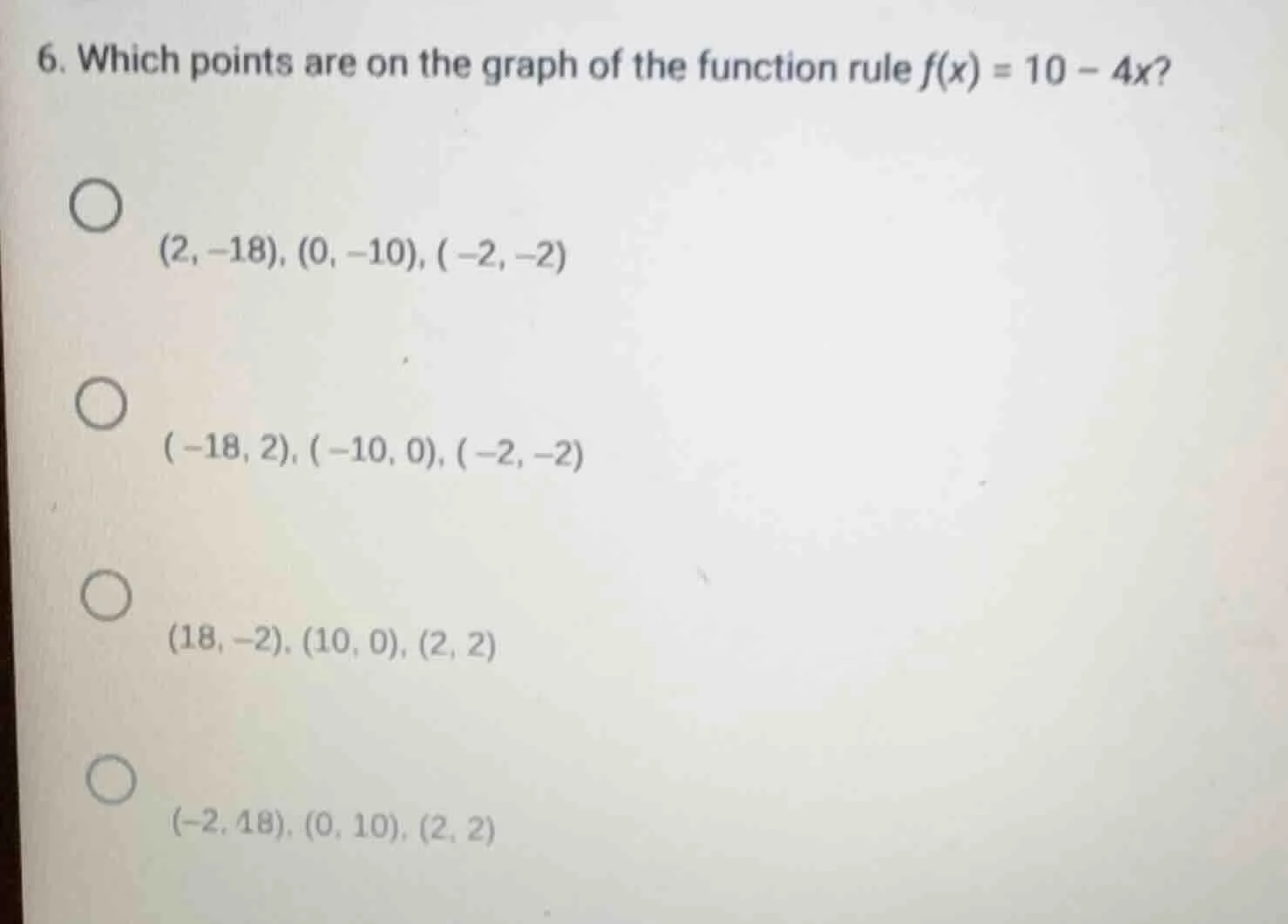 6. which points are on the graph of the function rule $f(x) = 10 - 4x$?…