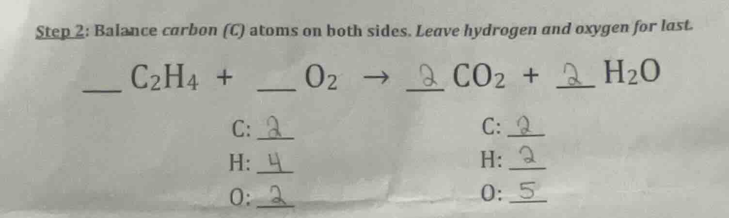 step 2: balance carbon (c) atoms on both sides. leave hydrogen and oxyg…