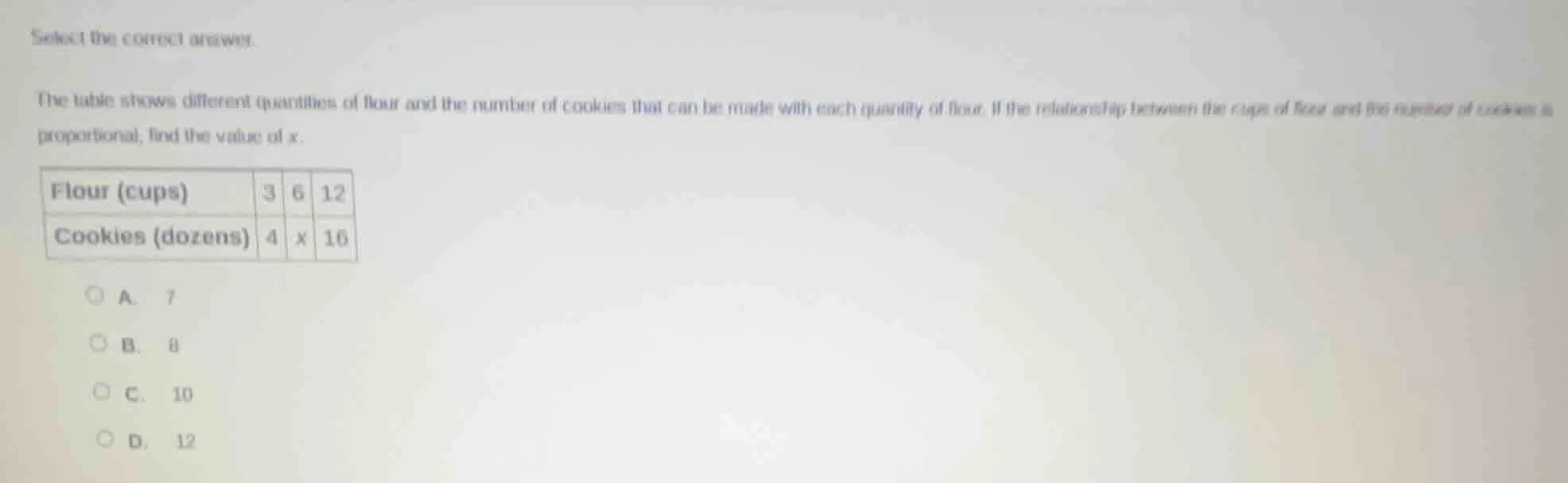 select the correct answer. the table shows different quantities of flou…