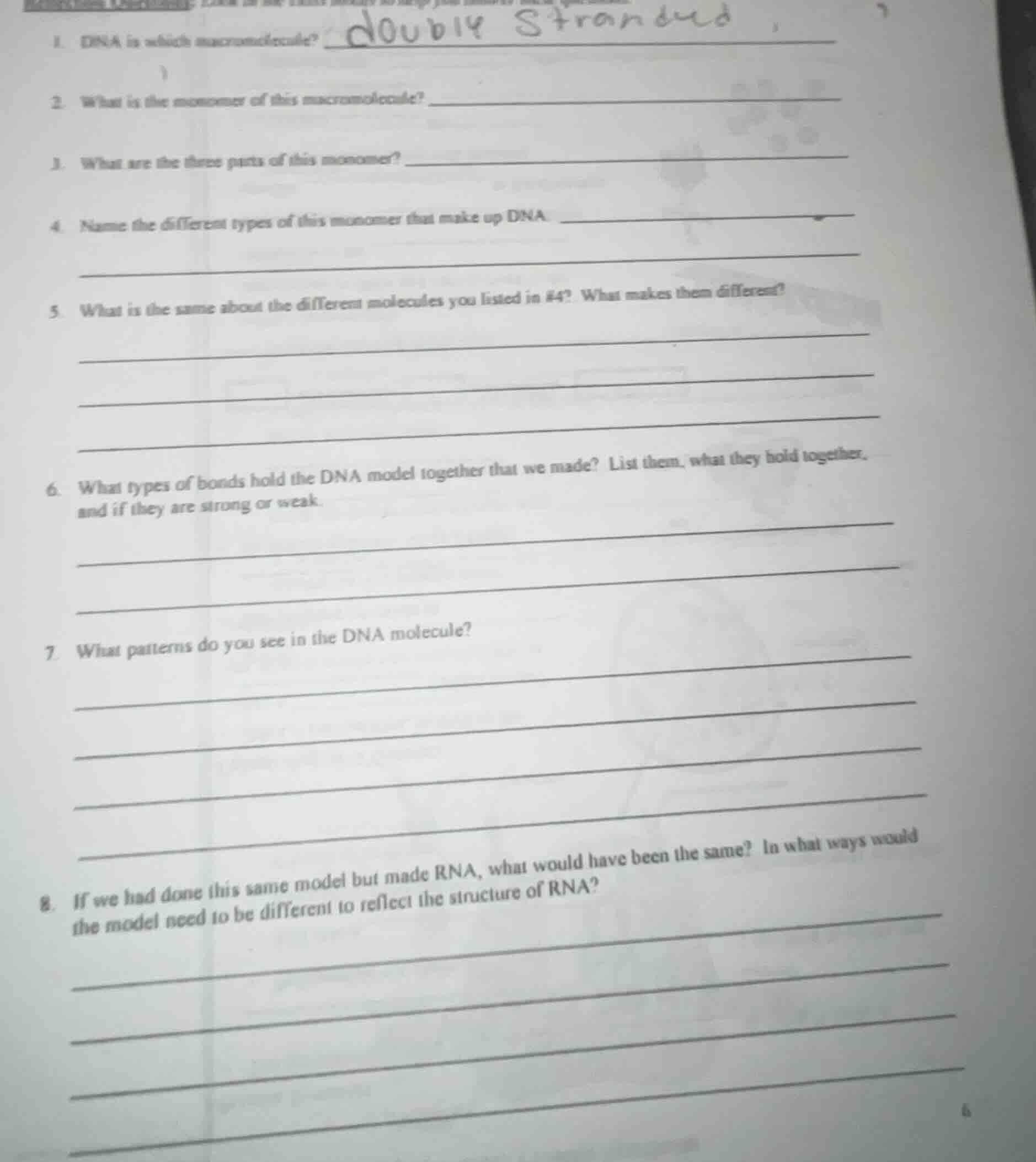 1. dna is which macromolecule? 2. what is the monomer of this macromole…