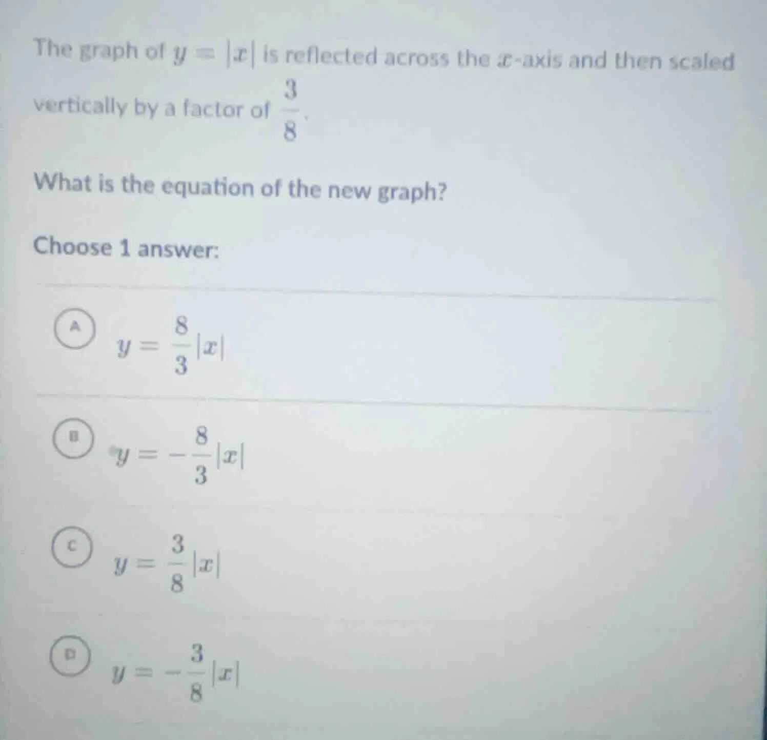 the graph of $y = |x|$ is reflected across the $x$-axis and then scaled…