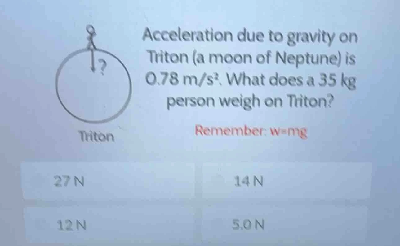 acceleration due to gravity on triton (a moon of neptune) is 0.78 m/s².…