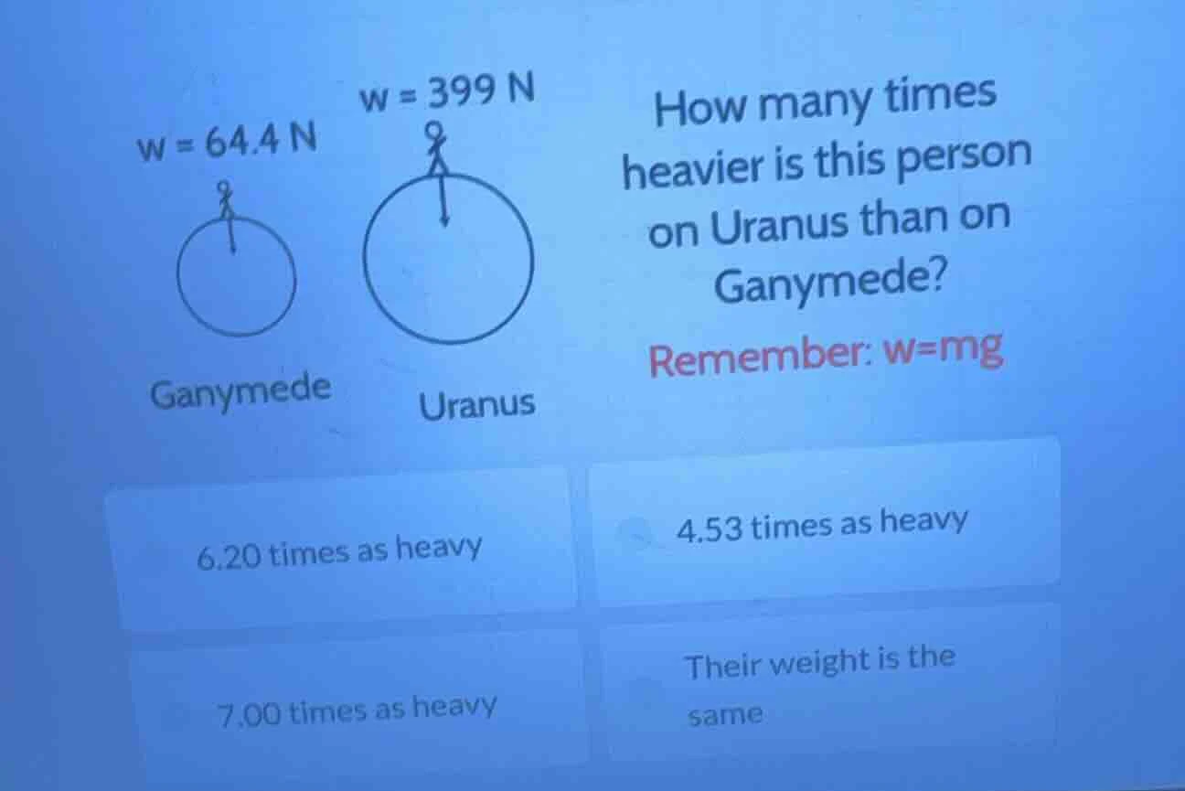 w = 64.4 n w = 399 n how many times heavier is this person on uranus th…