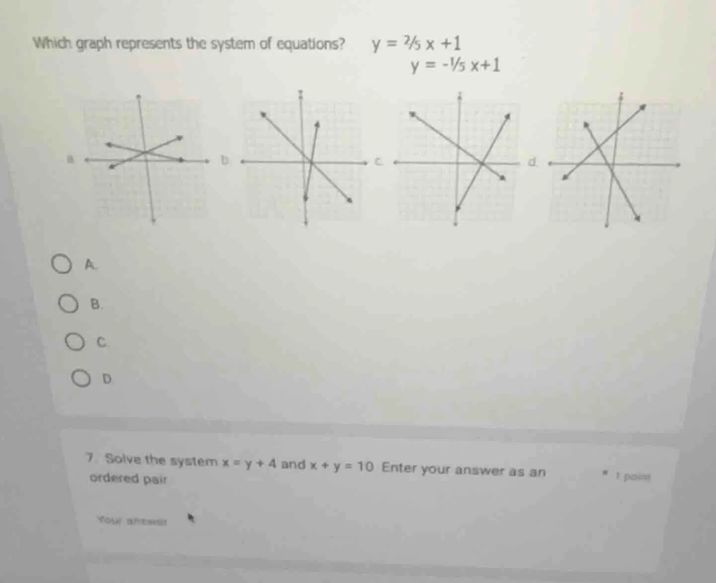 which graph represents the system of equations? $y = \\frac{2}{5} x +1$…