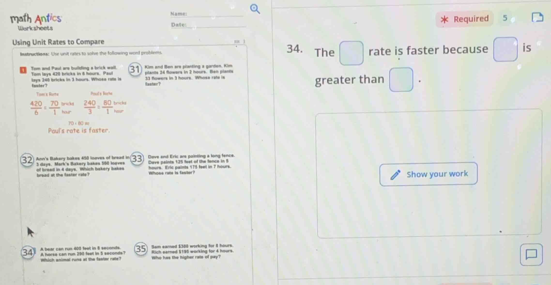 math antics worksheets using unit rates to compare instructions: use un…