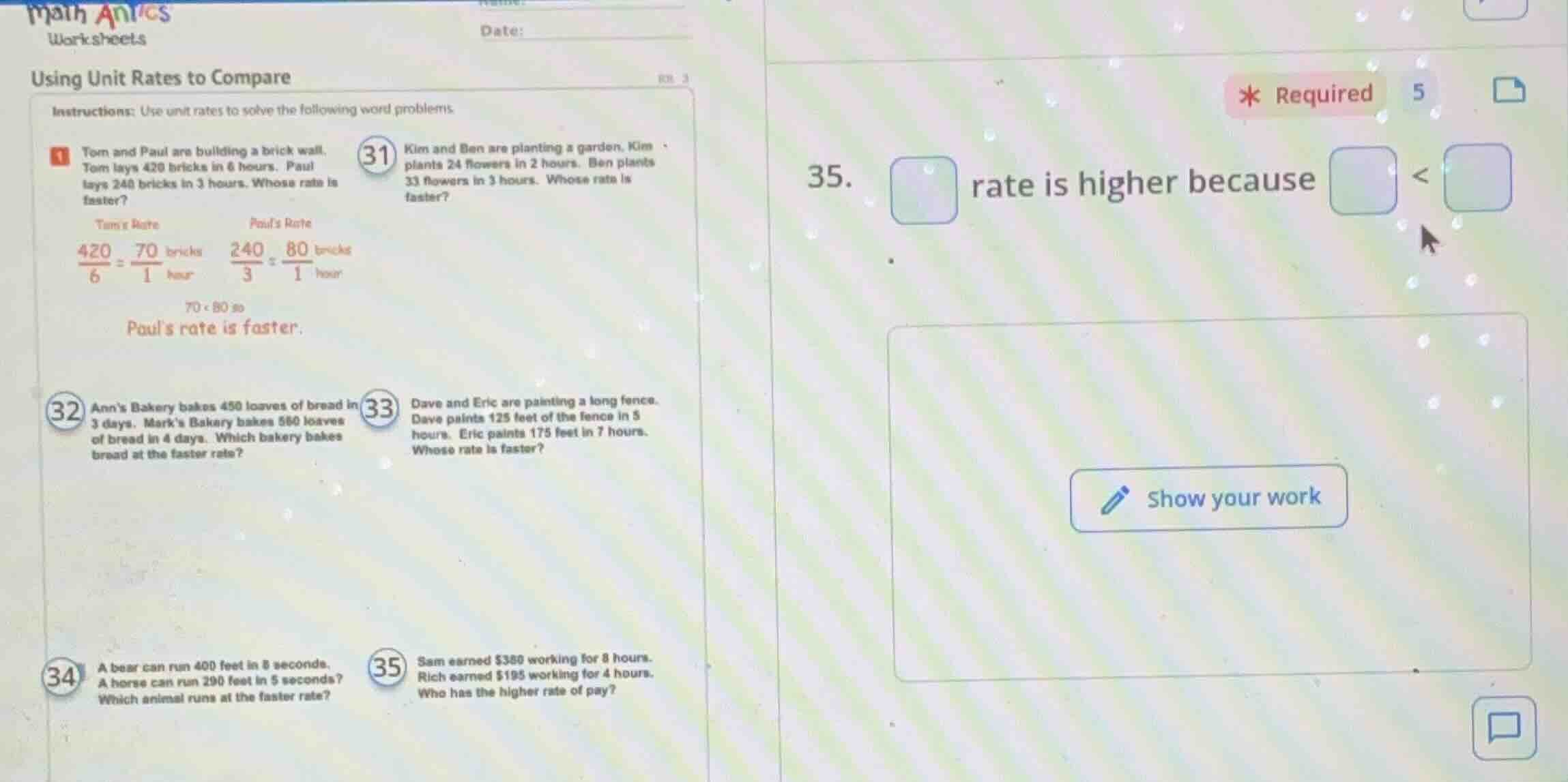 math antics worksheets date: using unit rates to compare instructions: …