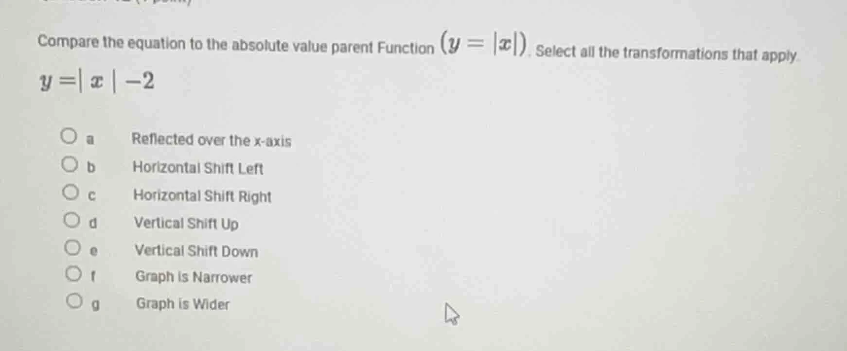 compare the equation to the absolute value parent function ($y = |x|$).…