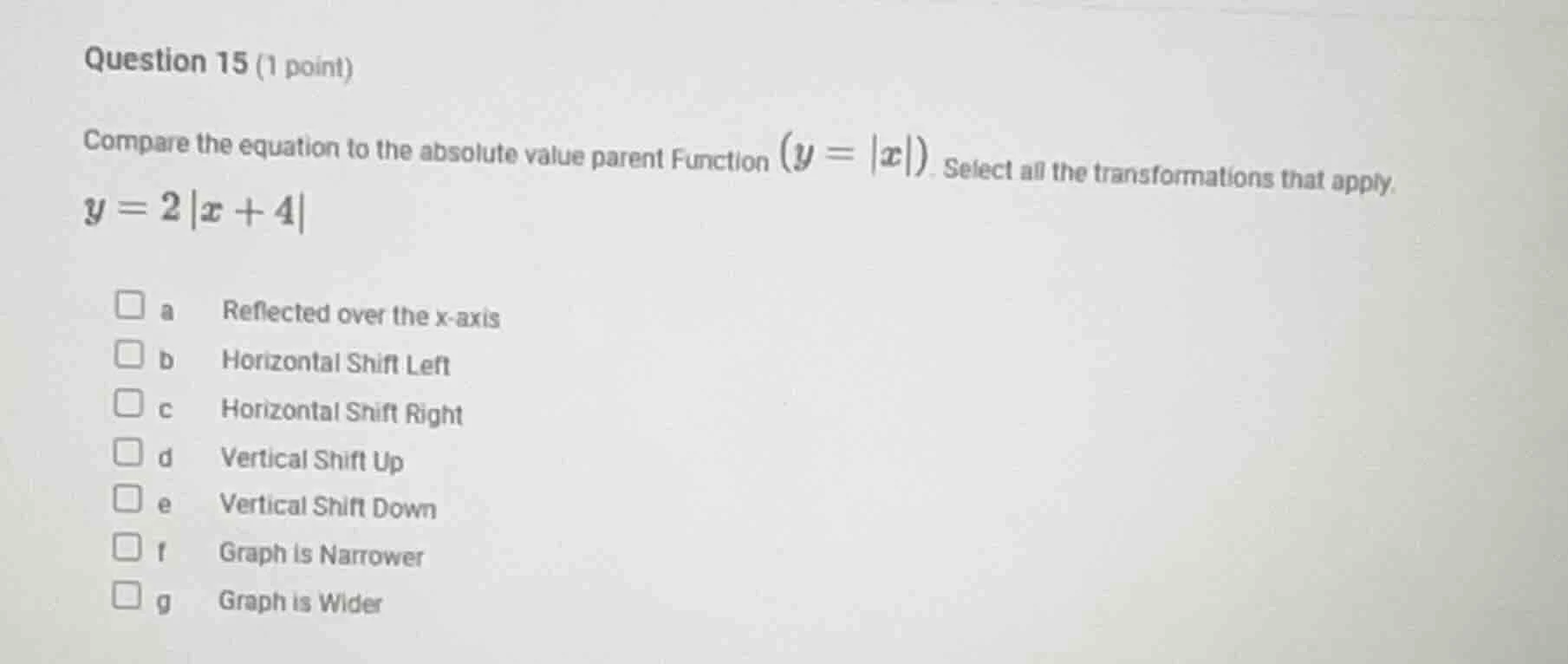 question 15 (1 point) compare the equation to the absolute value parent…