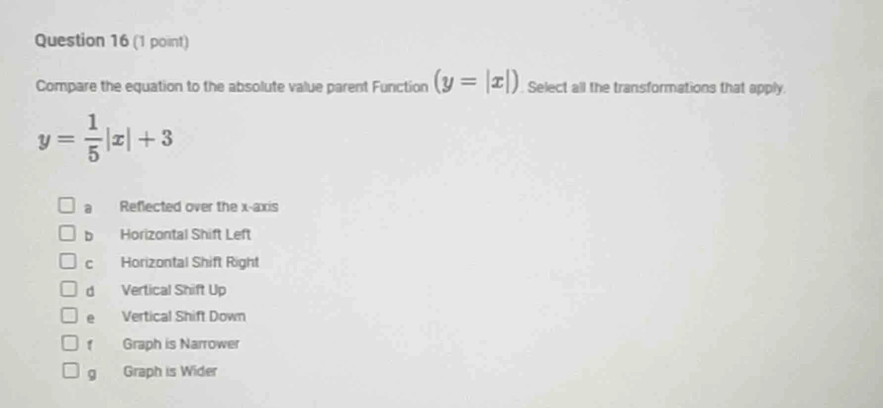 question 16 (1 point) compare the equation to the absolute value parent…