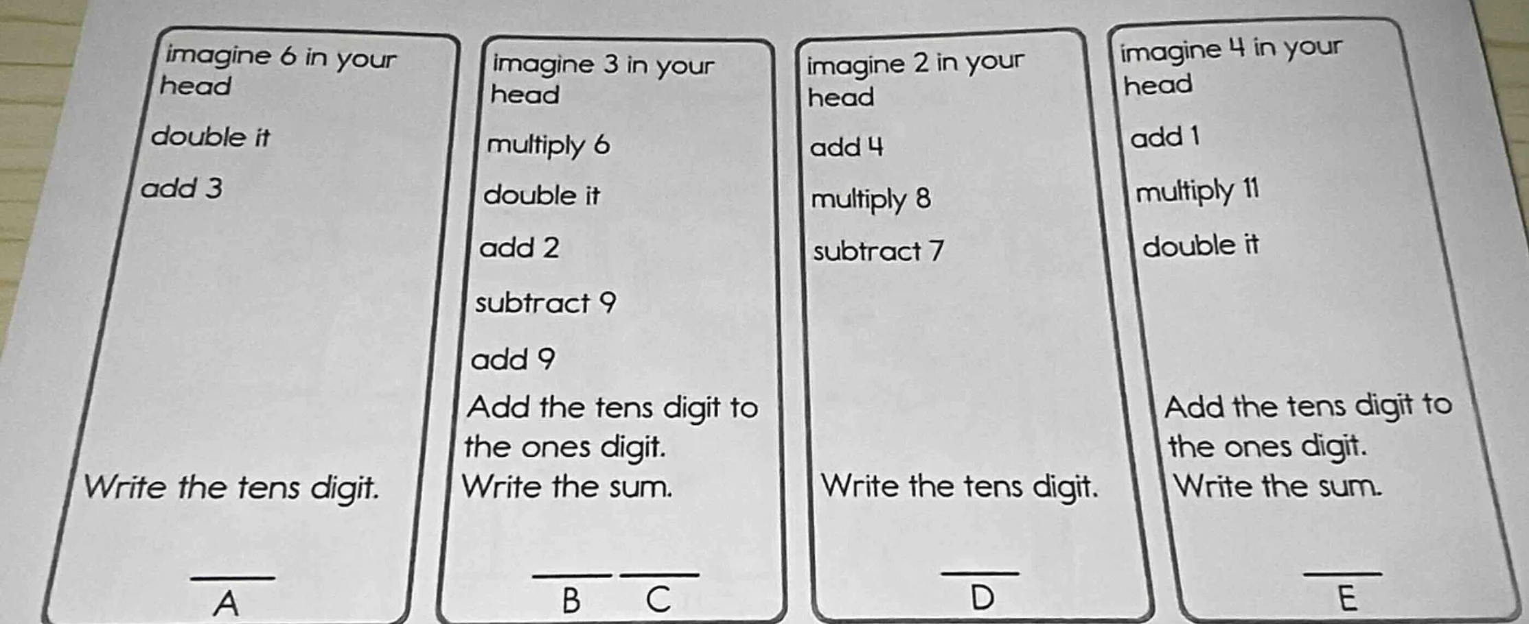 imagine 6 in your head double it add 3 write the tens digit. a imagine …
