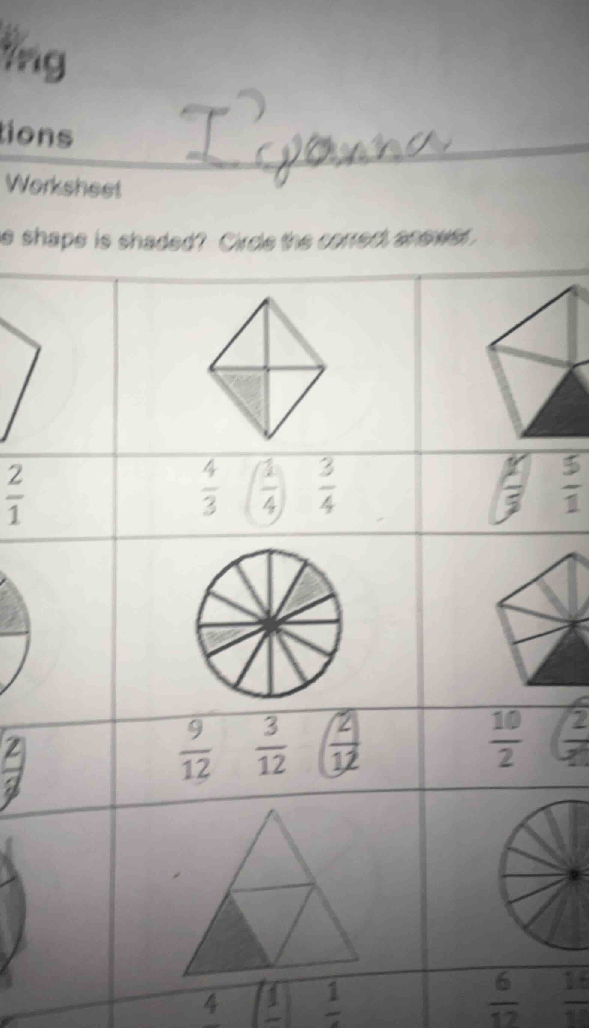 worksheet shape is shaded? circle the correct answer. (images of shapes…