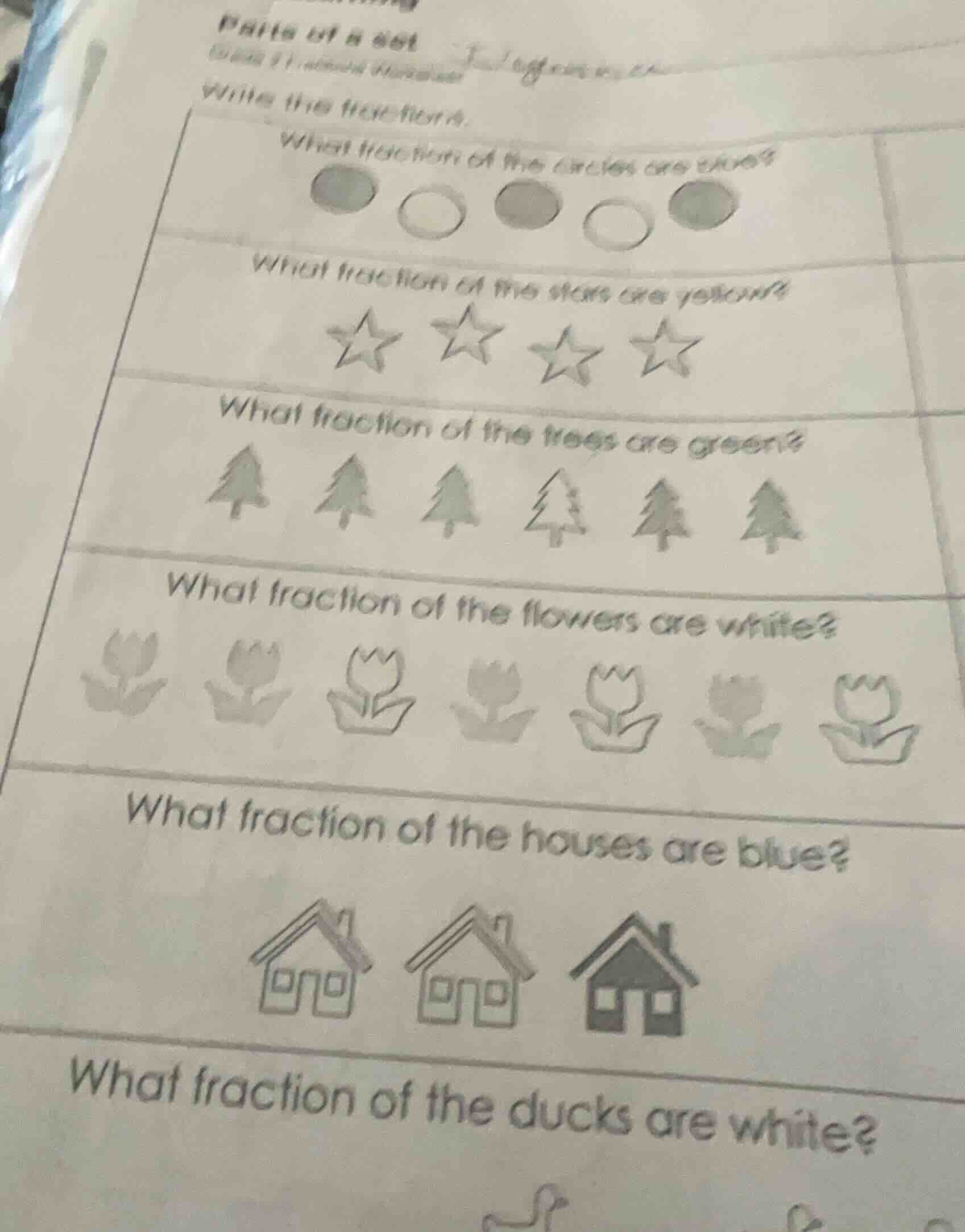 write the fraction. what fraction of the circles are dark? three dark c…