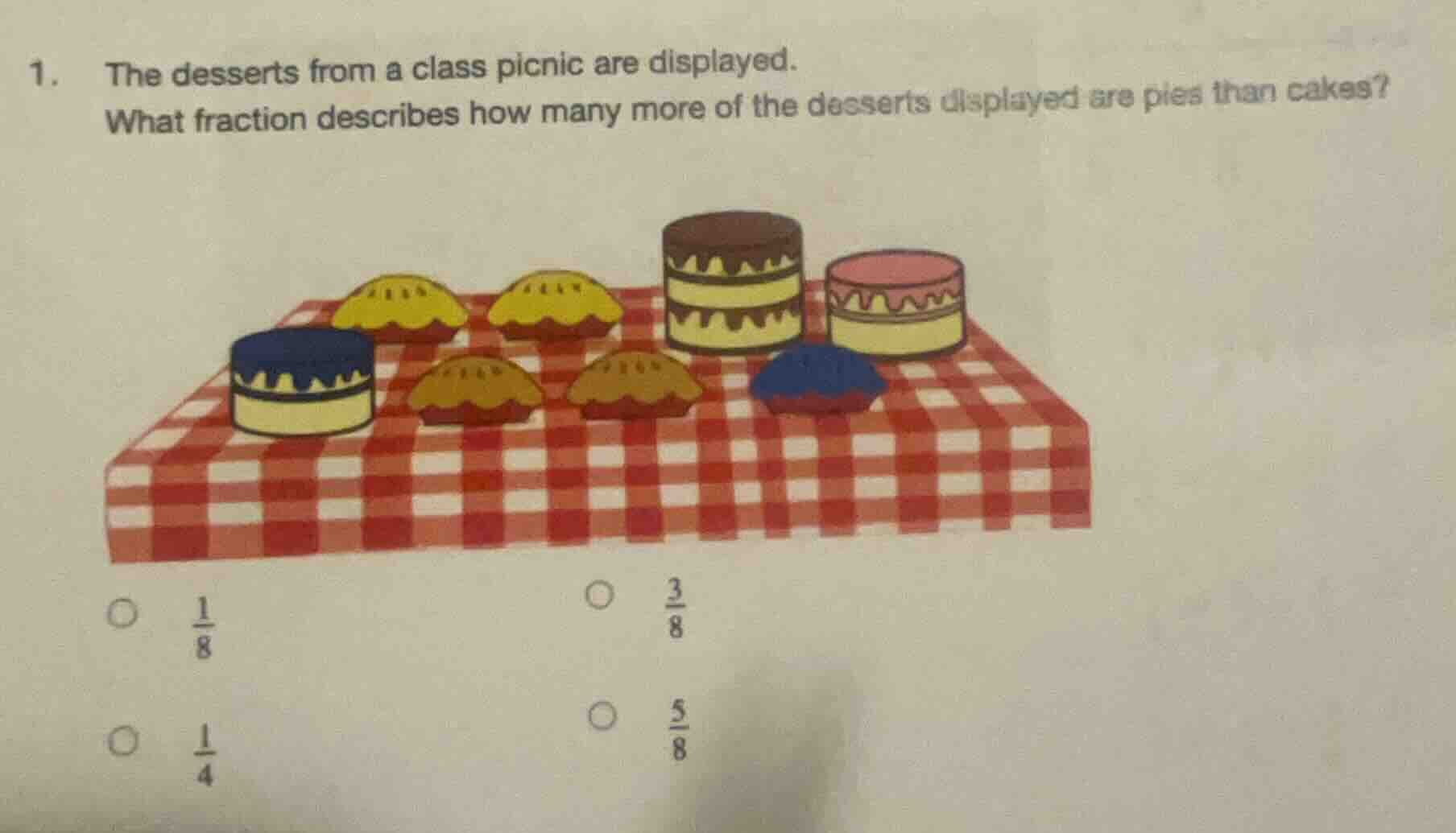 1. the desserts from a class picnic are displayed. what fraction descri…