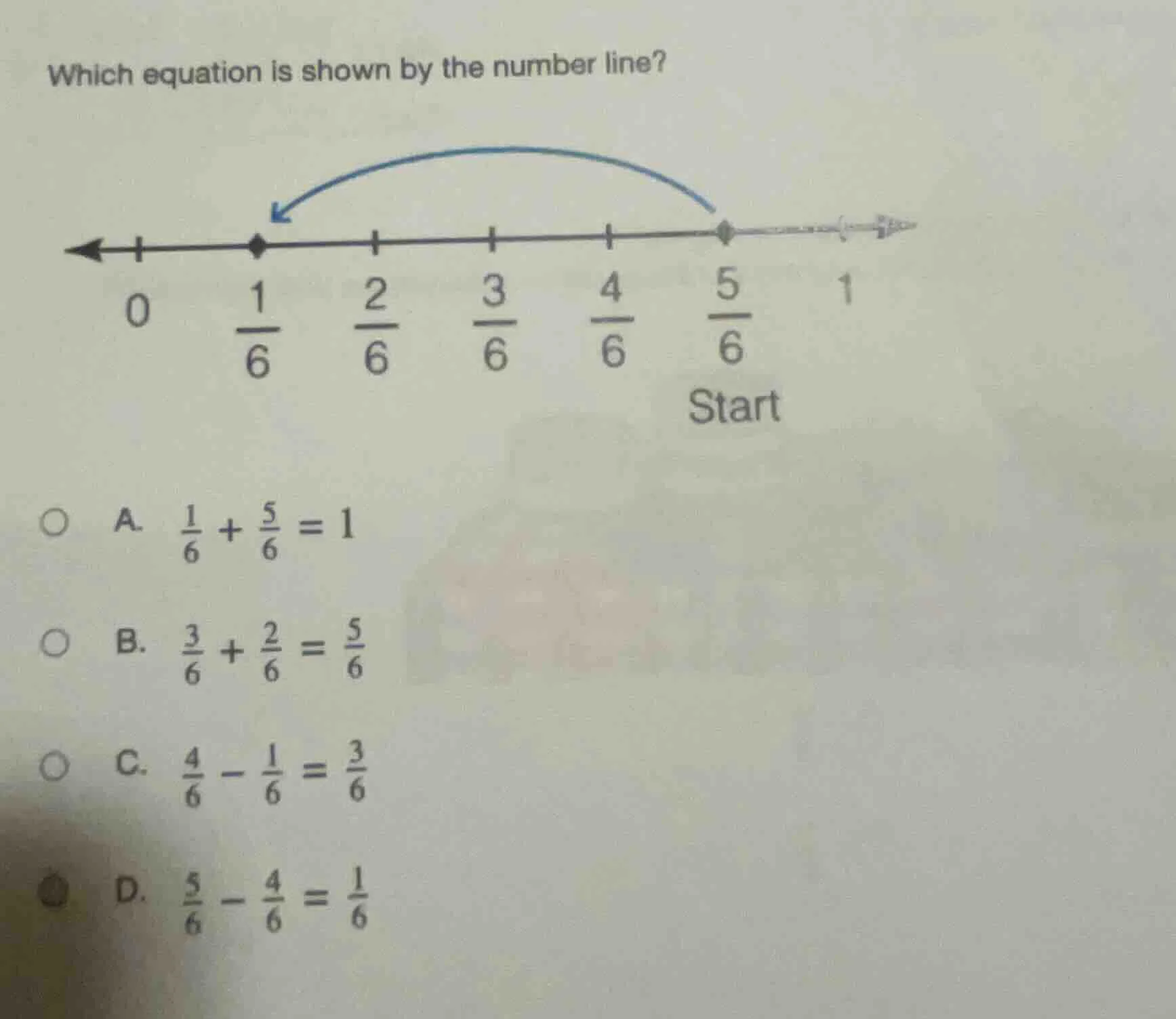which equation is shown by the number line? a. $\frac{1}{6} + \frac{5}{…