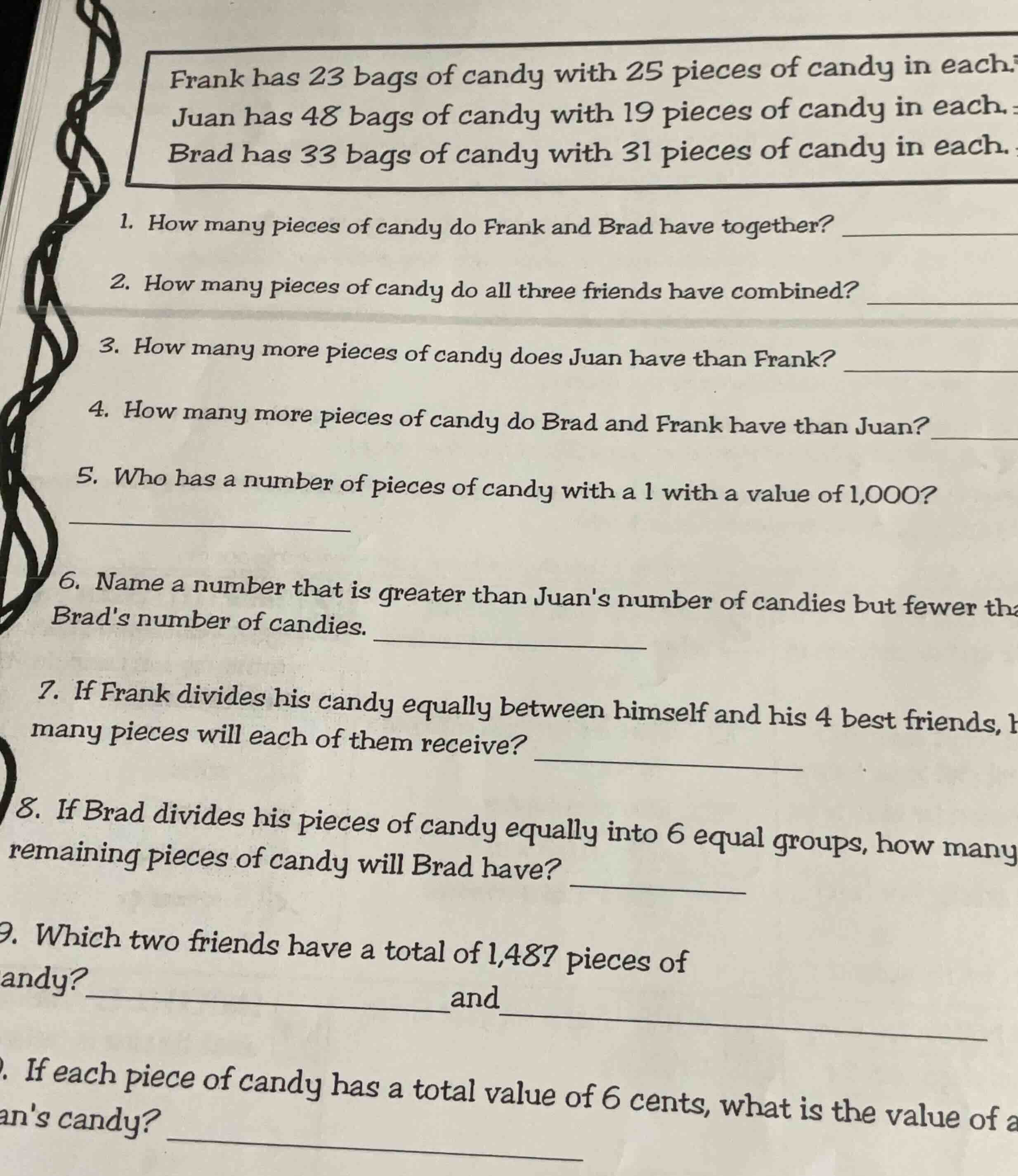 frank has 23 bags of candy with 25 pieces of candy in each. juan has 48…