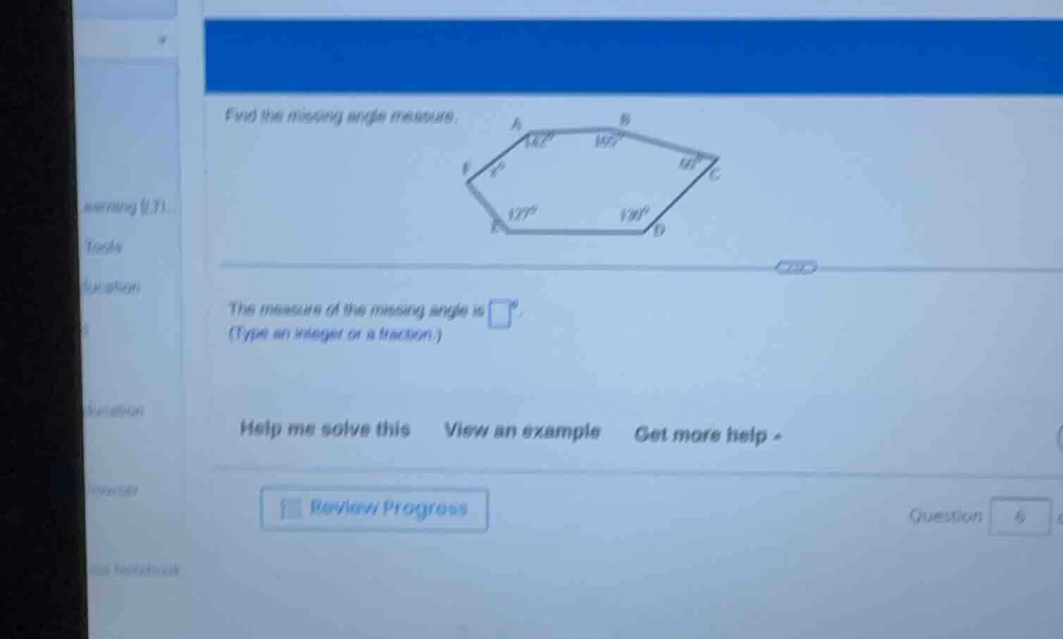 find the missing angle measure. the measure of the missing angle is \\(…