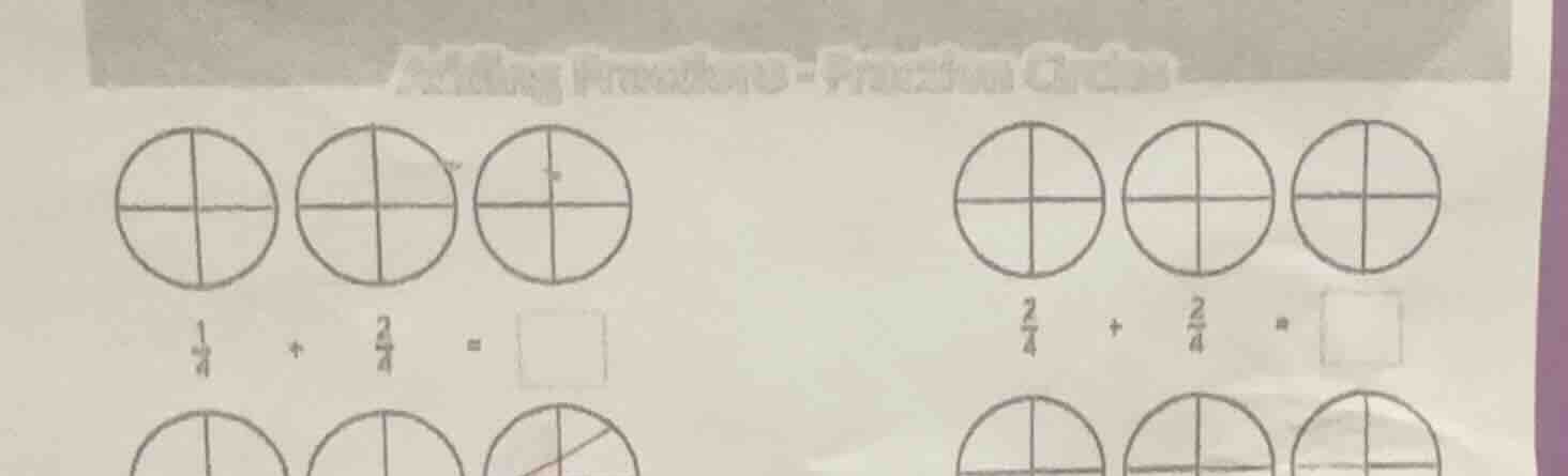 adding fractions - fraction circles $\frac{1}{4}$ + $\frac{2}{4}$ = $sq…