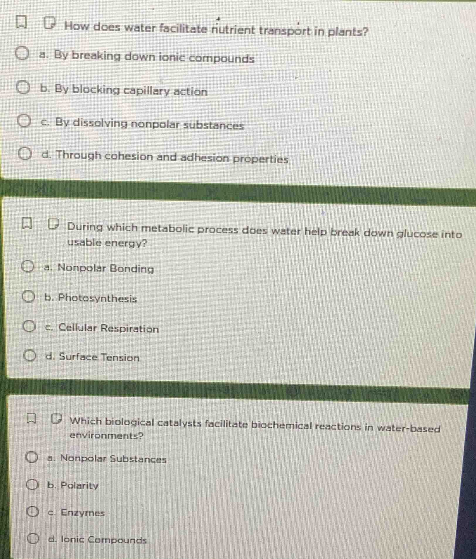 how does water facilitate nutrient transport in plants? a. by breaking …