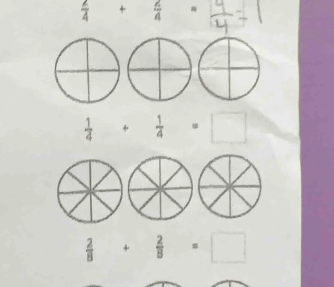 (\frac{2}{4} + \frac{2}{4} =) (\boxed{\frac{4}{4}}) （three circles divi…
