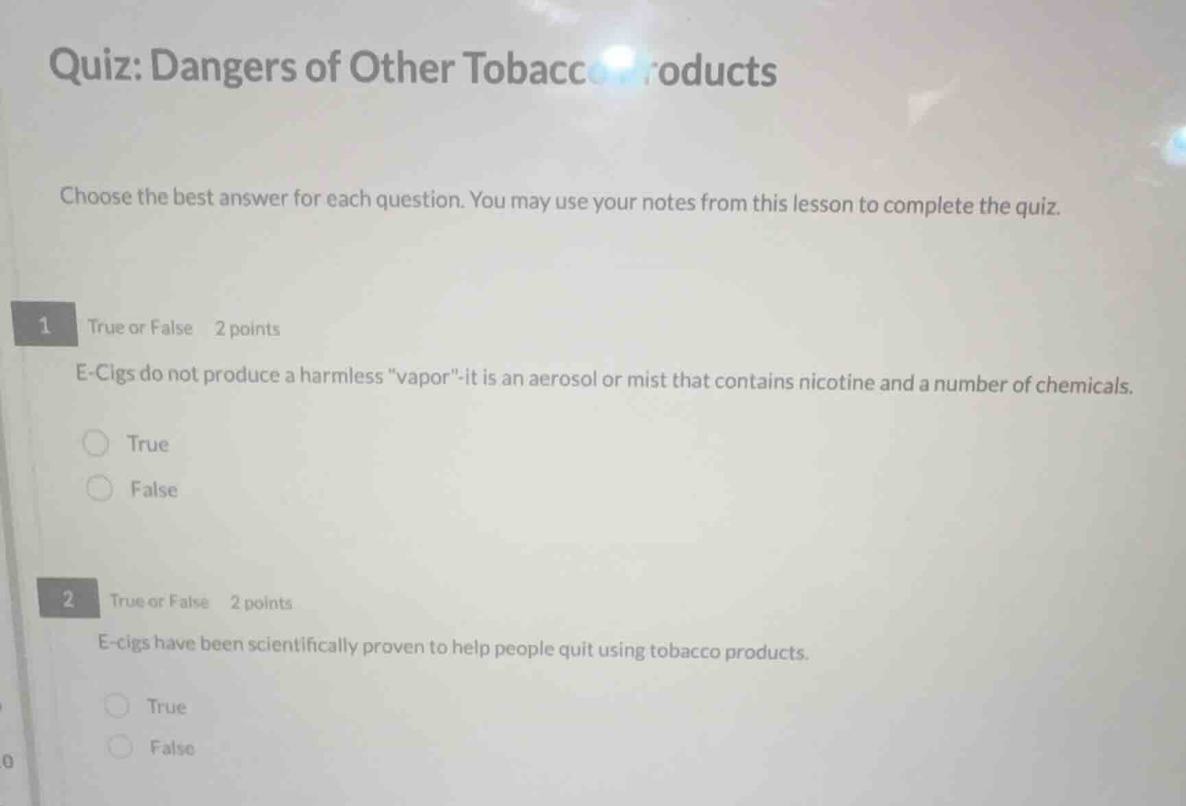 quiz: dangers of other tobacco products choose the best answer for each…