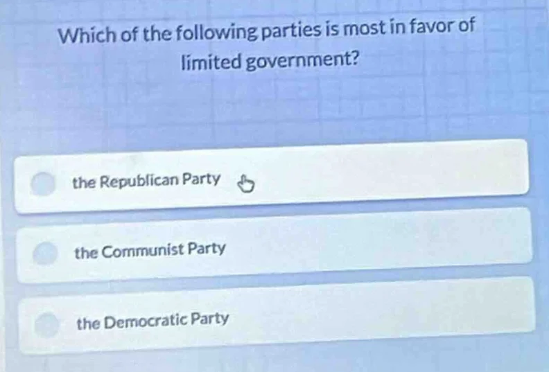 which of the following parties is most in favor of limited government? …
