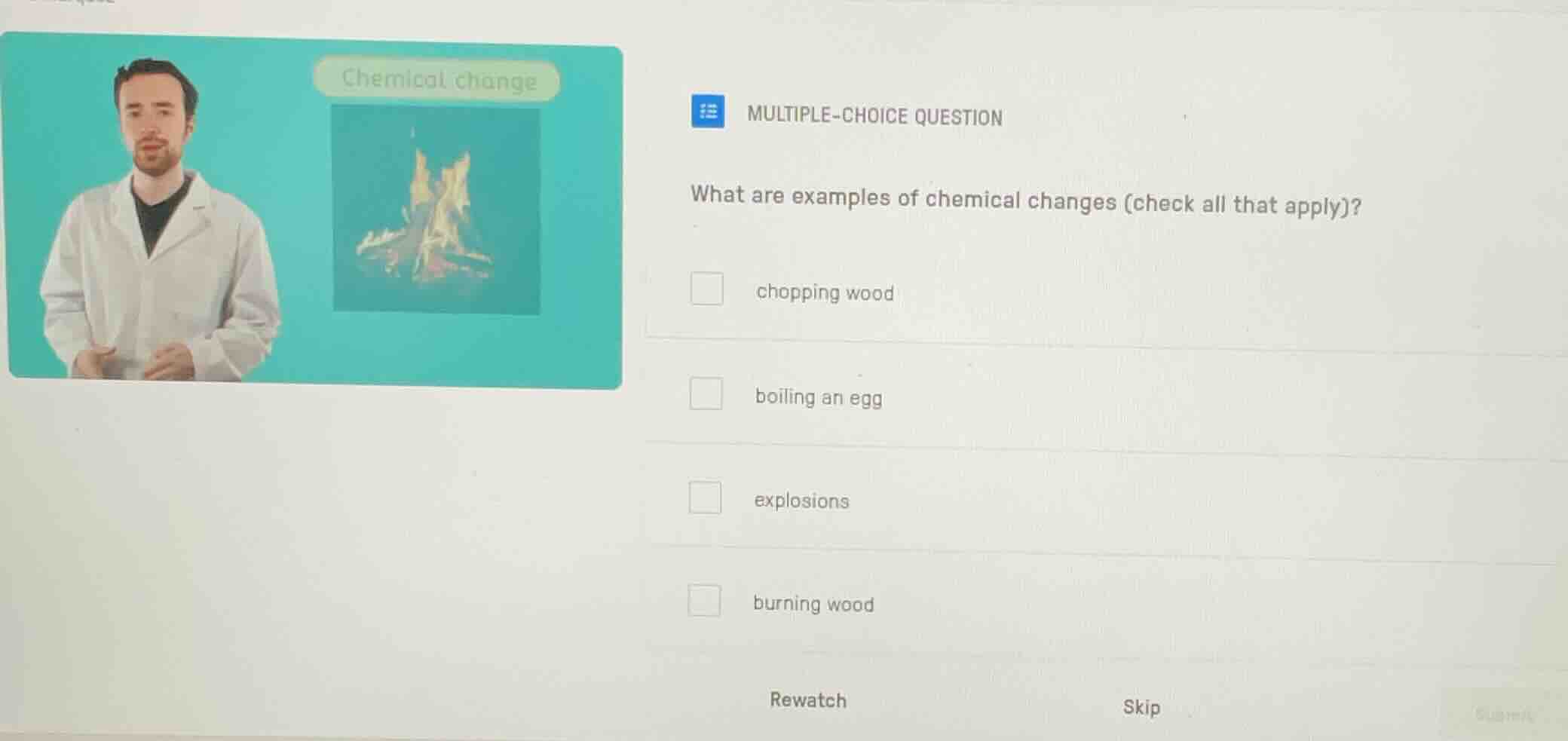 multiple-choice question what are examples of chemical changes (check a…