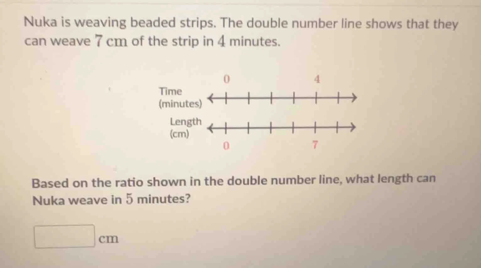 nuka is weaving beaded strips. the double number line shows that they c…