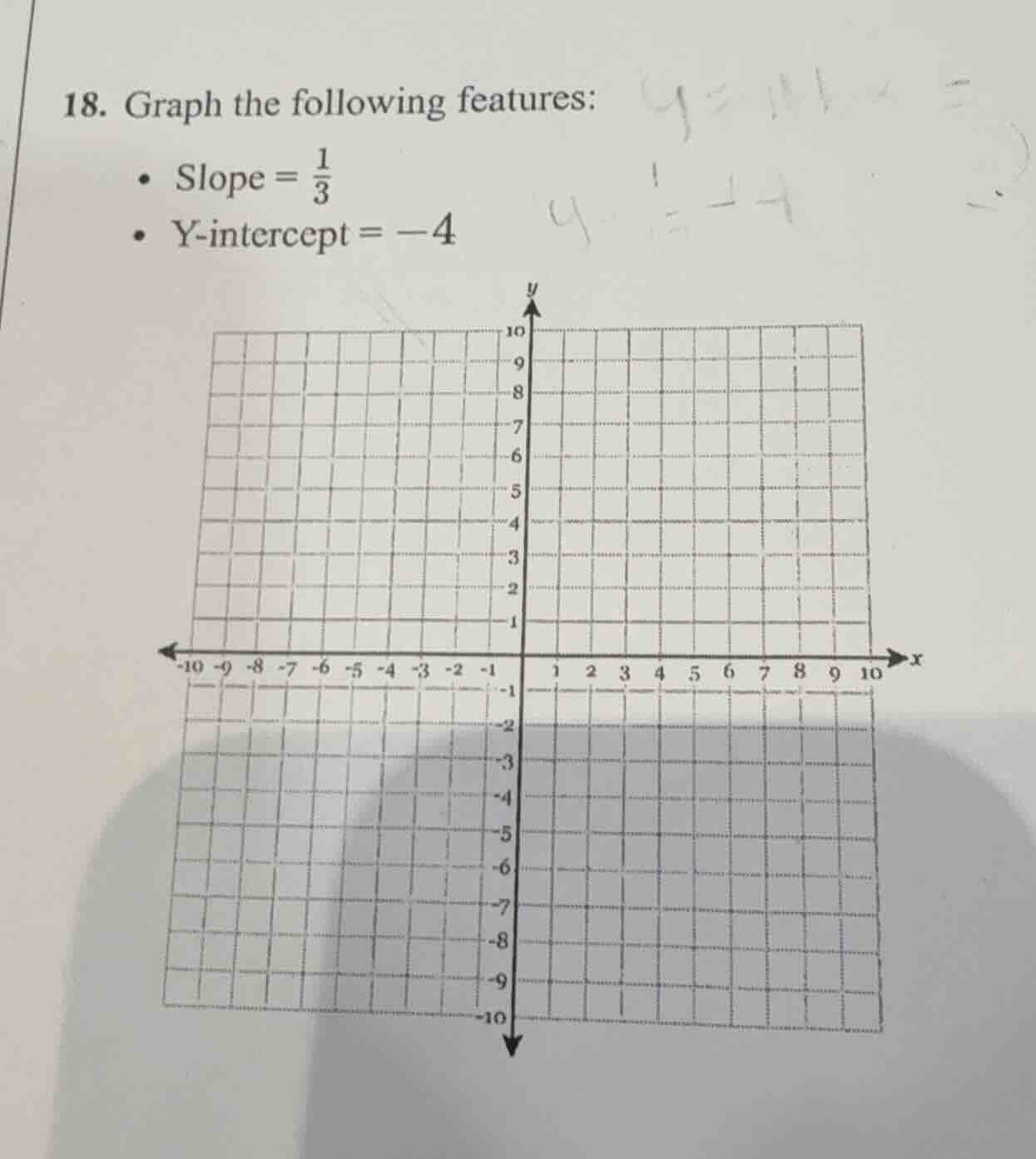 18. graph the following features: - slope = 1/3 - y-intercept = -4