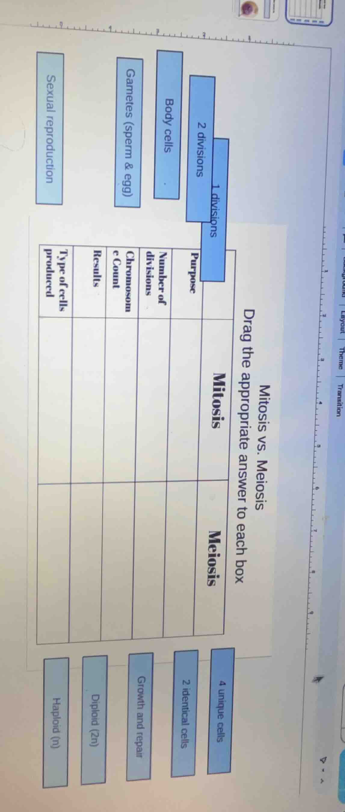 mitosis vs. meiosis drag the appropriate answer to each box \t\t\tmitos…