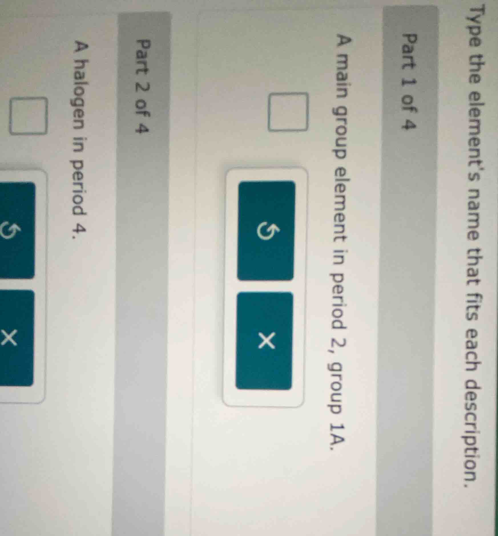 type the element’s name that fits each description. part 1 of 4 a main …