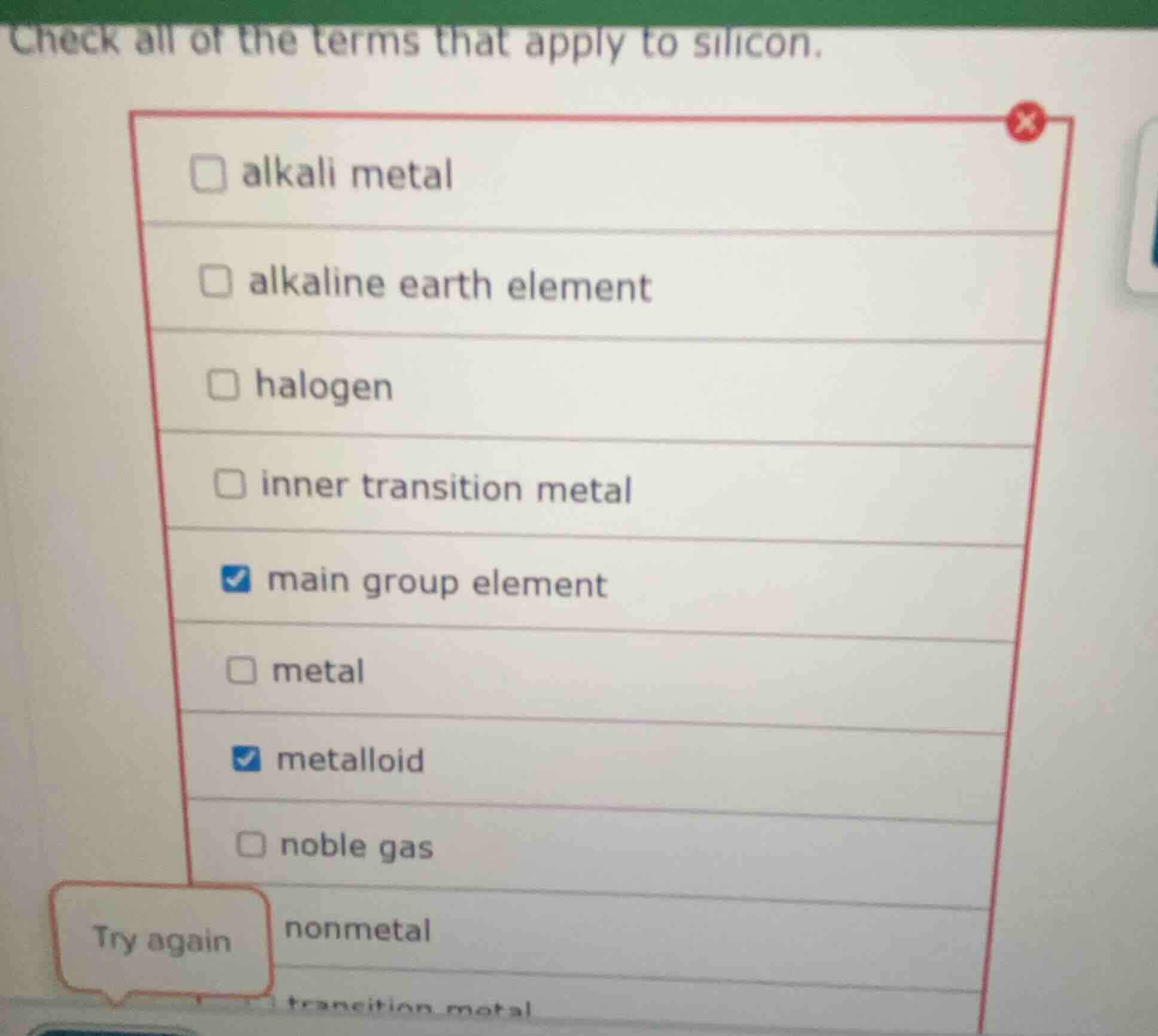 check all of the terms that apply to silicon. alkali metal alkaline ear…