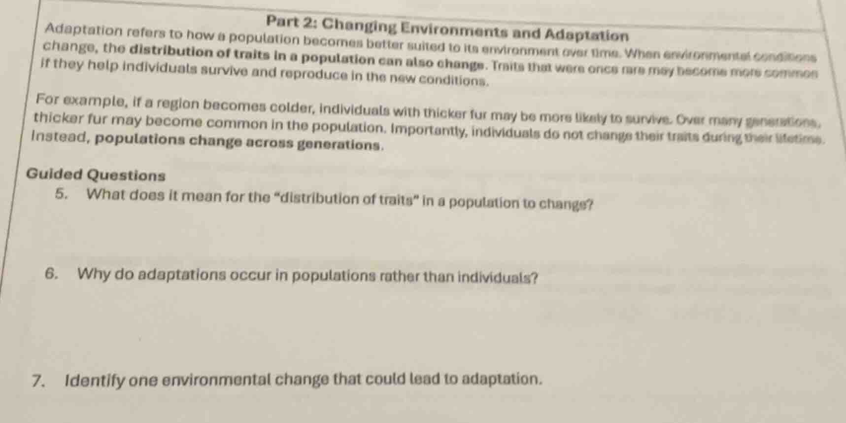 part 2: changing environments and adaptation adaptation refers to how a…