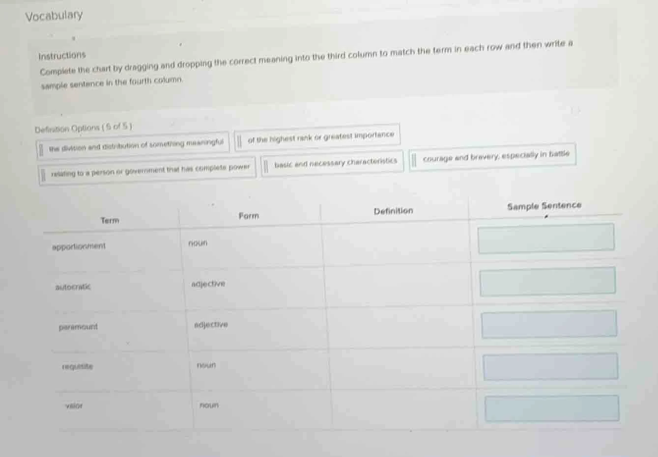 vocabulary instructions complete the chart by dragging and dropping the…