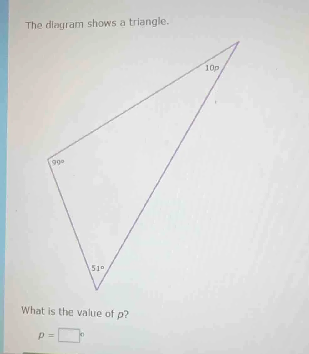 the diagram shows a triangle. what is the value of p? p = \\boxed{\\cir…